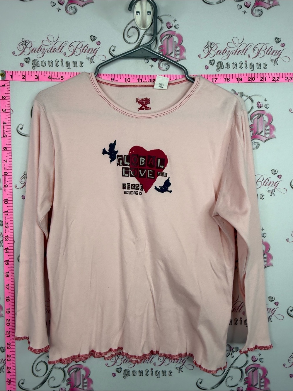 Global love shirt Pink Long Sleeve Tee with Heart Graphic